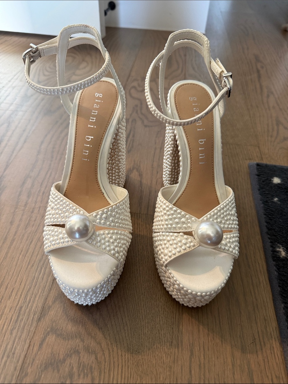 Gianni Bini Pearl-Embellished Ivory Platform Sandals